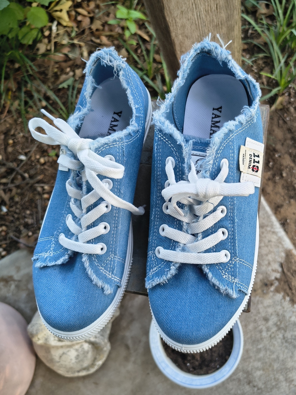Yamaha Light Blue Frayed Denim Lace-Up Women's Sneakers
